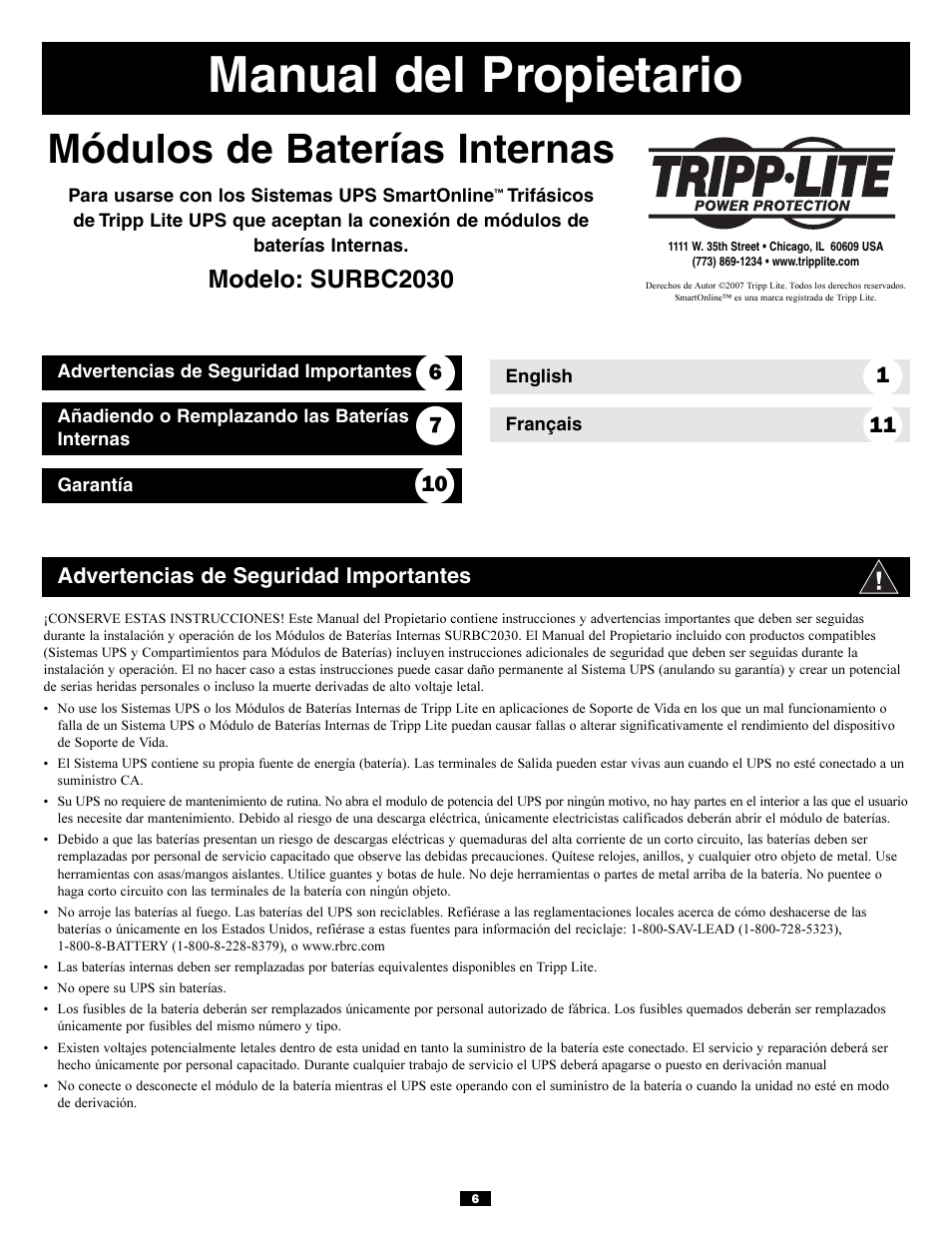 Manual del propietario, Módulos de baterías internas, Modelo: surbc2030 | 11 advertencias de seguridad importantes | Tripp Lite SURBC2030 User Manual | Page 6 / 16