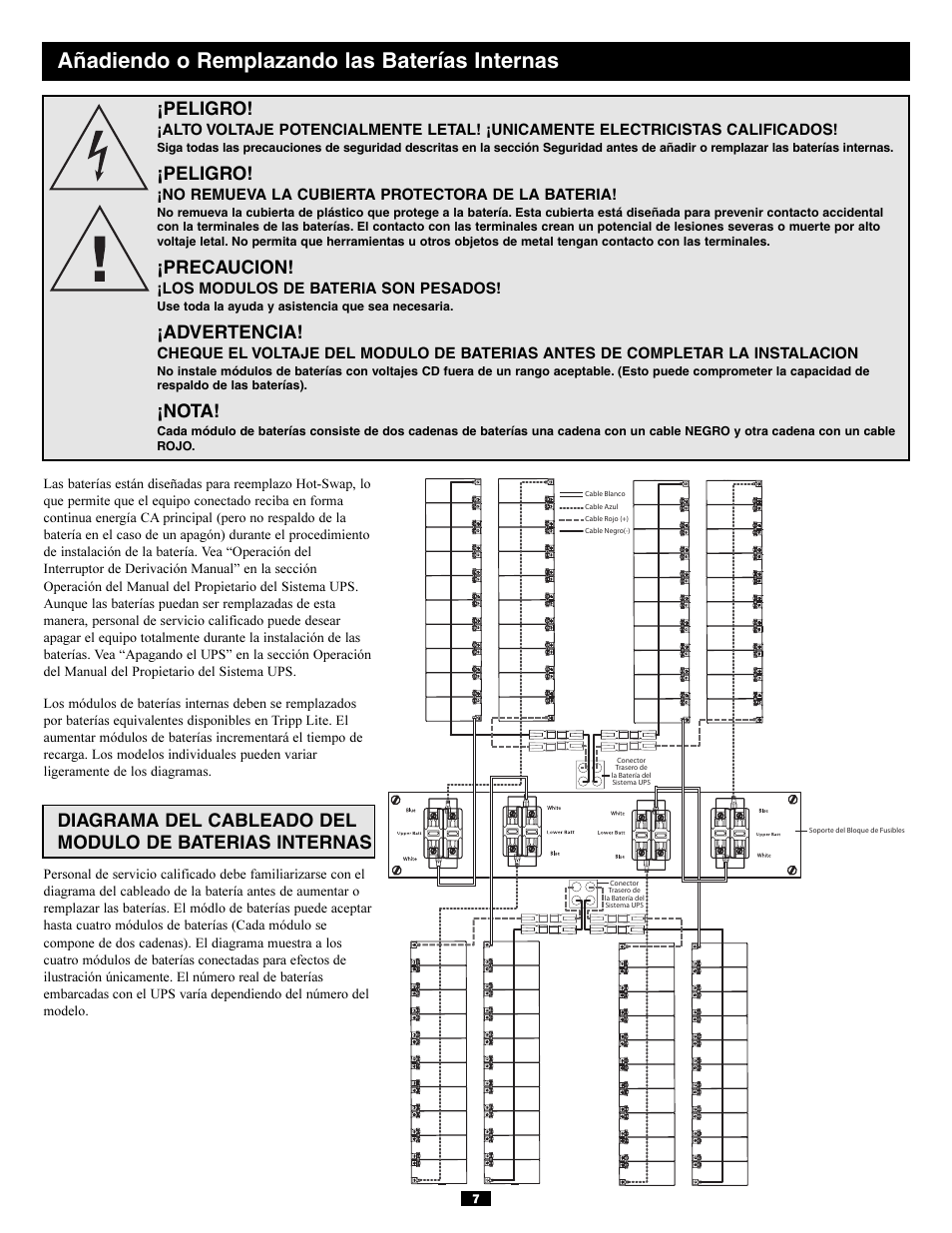Añadiendo o remplazando las baterías internas, Peligro, Precaucion | Advertencia, Nota | Tripp Lite SURBC2030 User Manual | Page 7 / 16