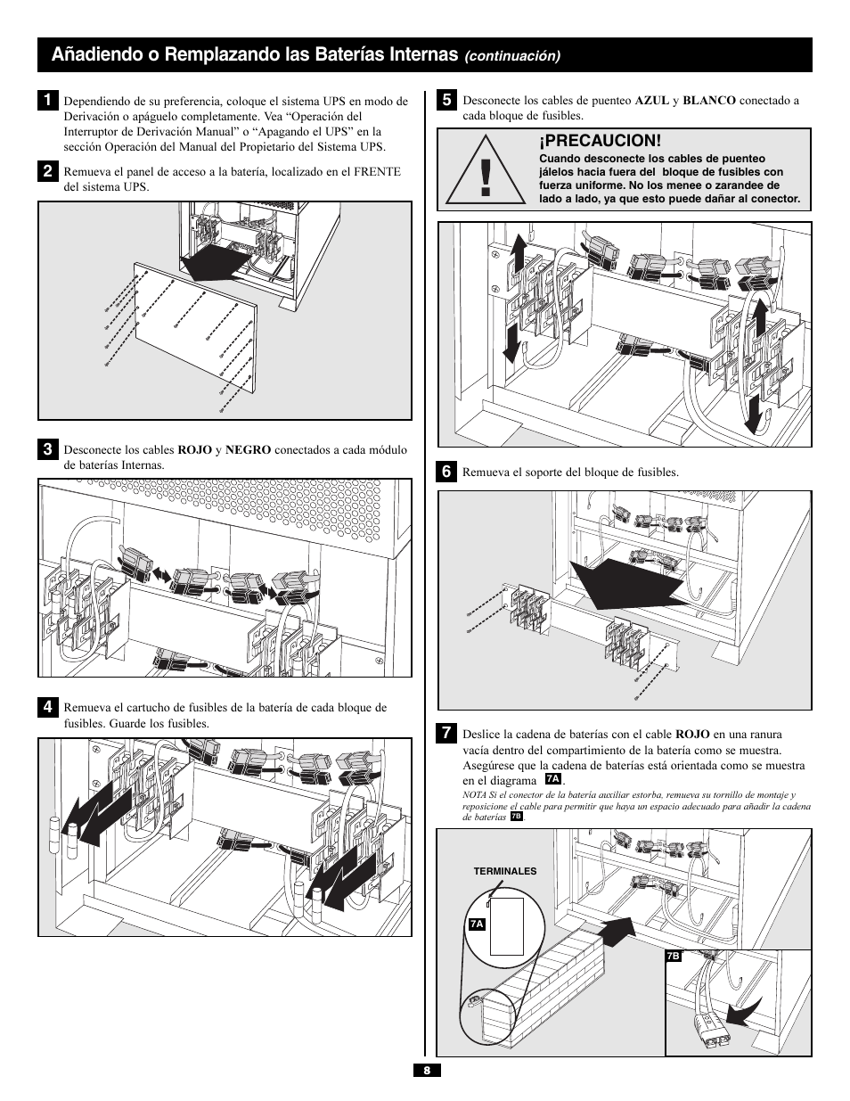 Añadiendo o remplazando las baterías internas, 5¡precaucion | Tripp Lite SURBC2030 User Manual | Page 8 / 16