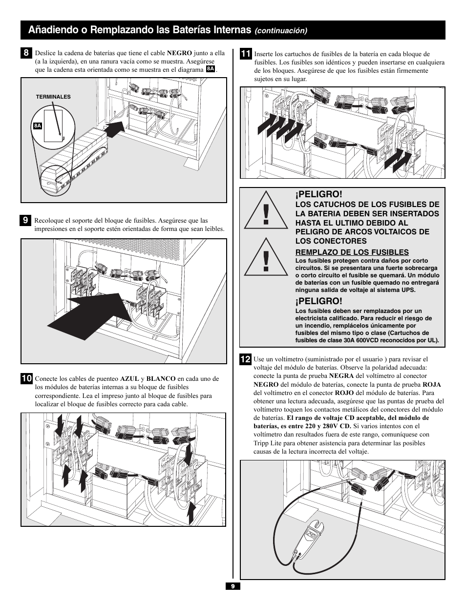 Añadiendo o remplazando las baterías internas | Tripp Lite SURBC2030 User Manual | Page 9 / 16