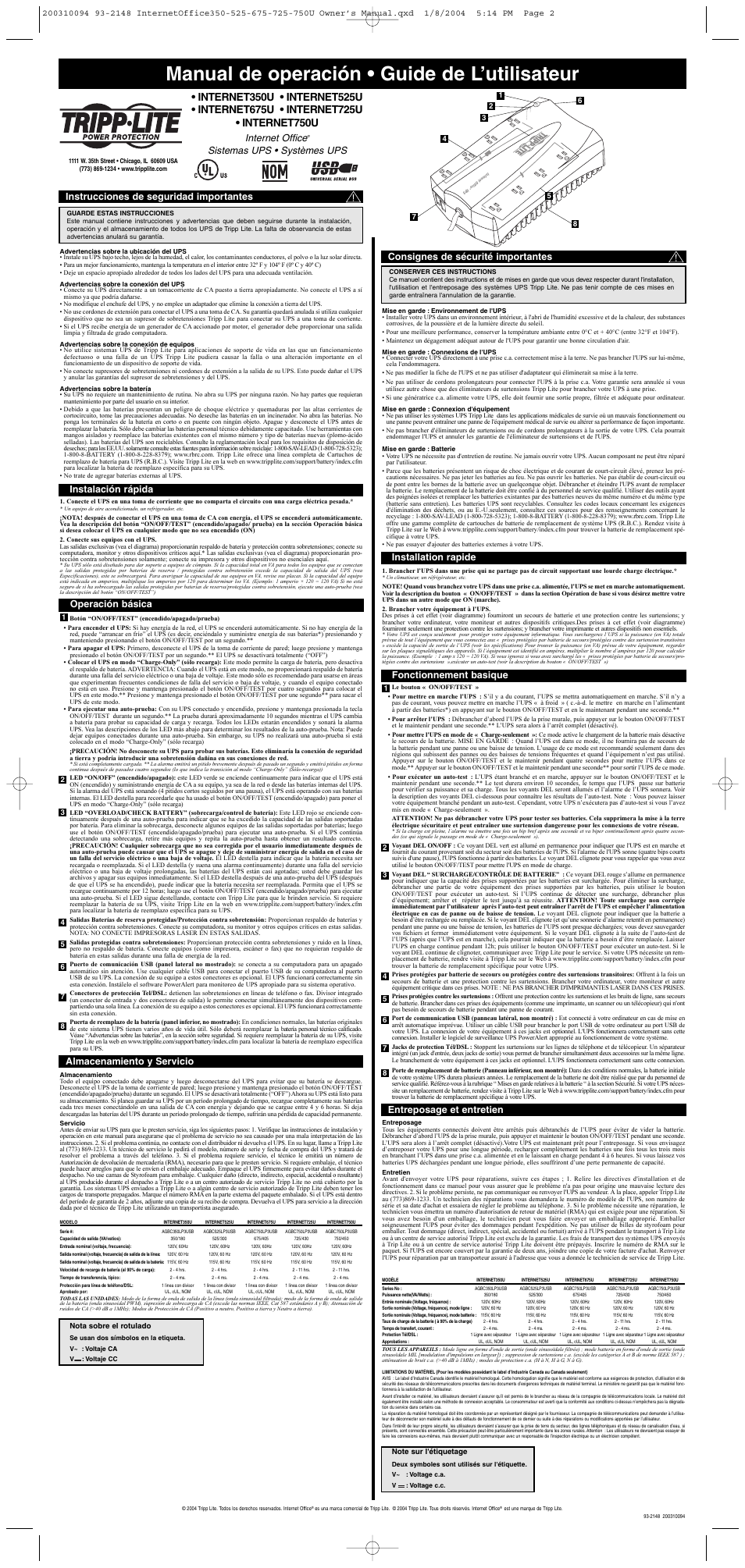 Manual de operación • guide de l’utilisateur, On / off overl o ad / check b at t er y, Internet office | Sistemas ups • systèmes ups, Instrucciones de seguridad importantes, Consignes de sécurité importantes | Tripp Lite INTERNET350U User Manual | Page 2 / 2