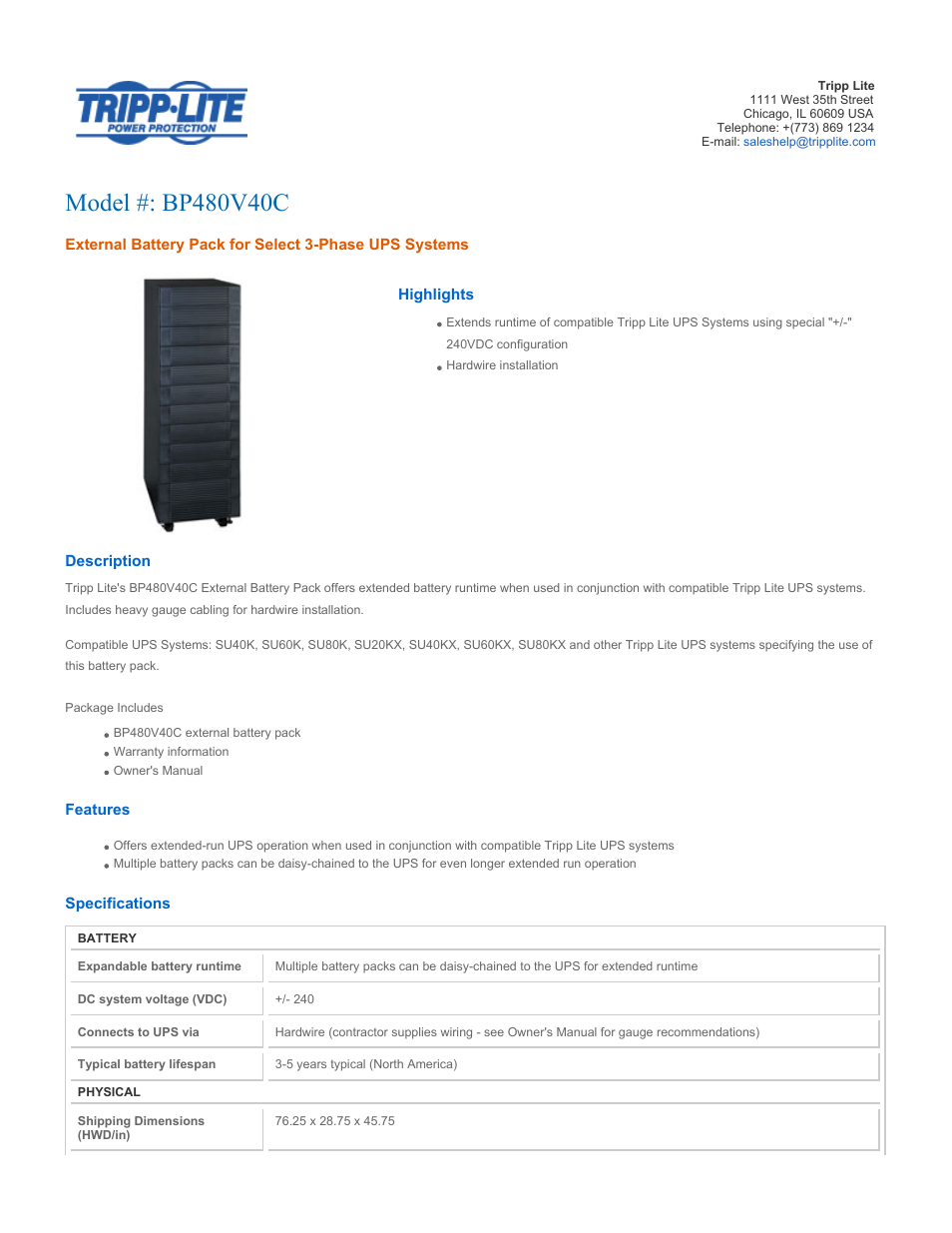 Tripp Lite BP480V40C User Manual | 2 pages