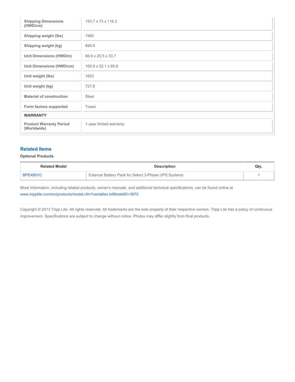 Tripp Lite BP480V40C User Manual | Page 2 / 2