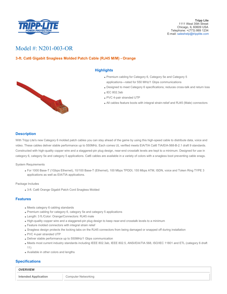 Tripp Lite N201-003-OR User Manual | 2 pages