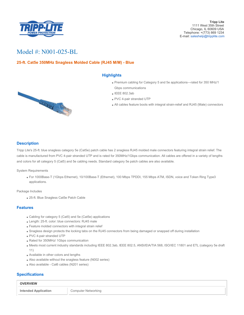 Tripp Lite Blue Snagless Cat5e Molded Patch Cable N001-025-BL User Manual | 3 pages