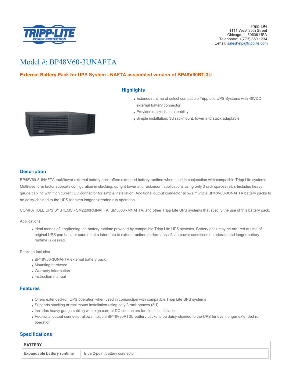 Tripp Lite BP48V60-3UNAFTA User Manual | 3 pages