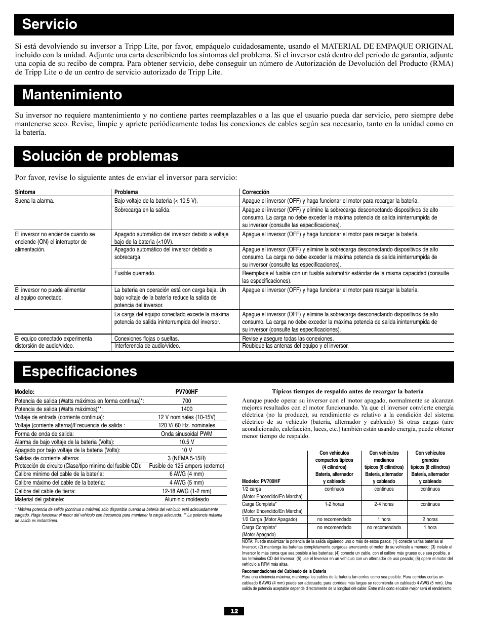 Servicio, Mantenimiento solución de problemas, Especificaciones | Tripp Lite PV700HF User Manual | Page 12 / 20