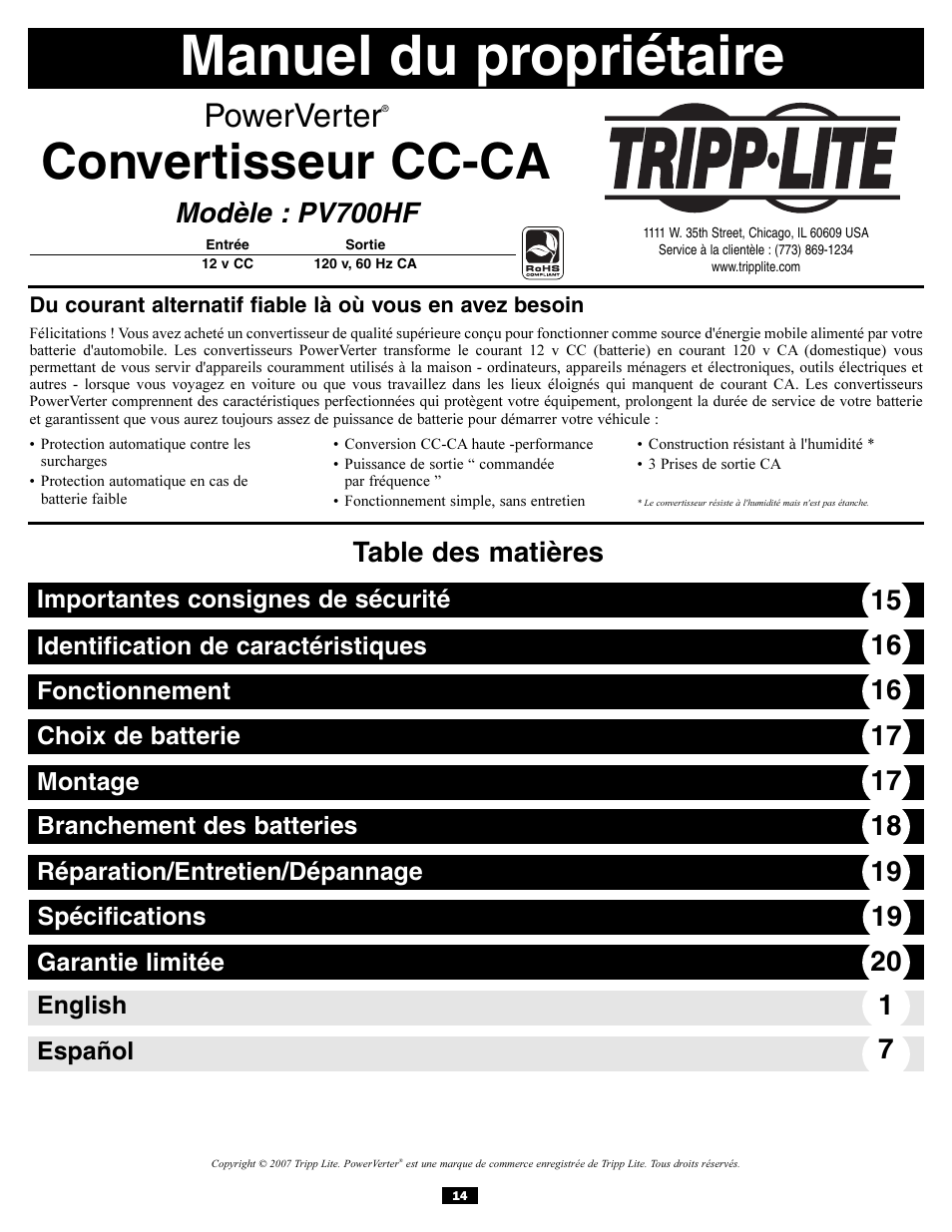 Tripp Lite PV700HF User Manual | Page 14 / 20