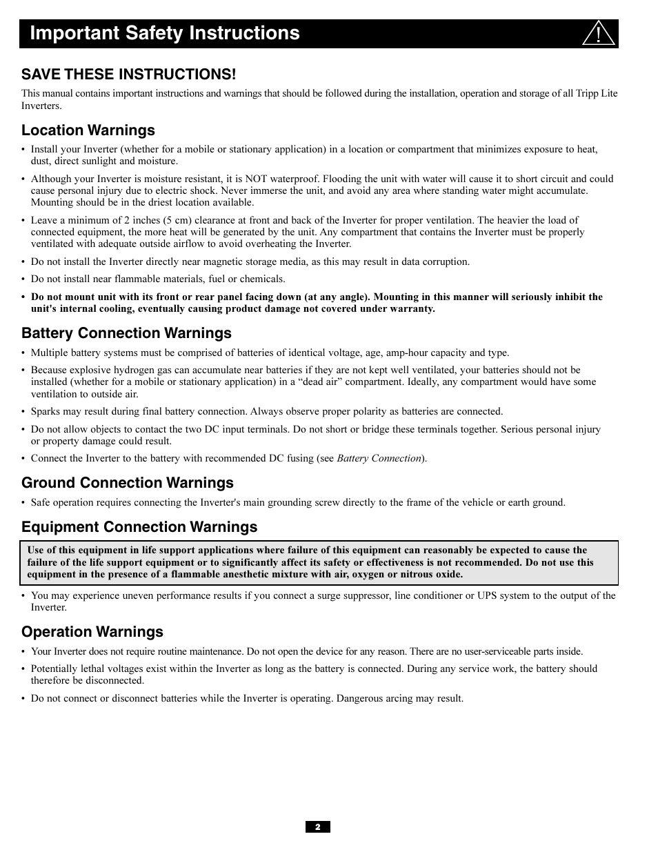Important safety instructions, Save these instructions, Location warnings | Battery connection warnings, Ground connection warnings, Equipment connection warnings, Operation warnings | Tripp Lite PV700HF User Manual | Page 2 / 20
