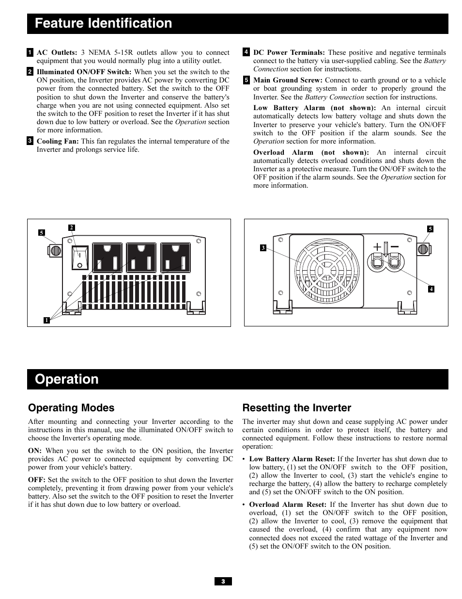 Feature identification, Operation, Operating modes | Resetting the inverter | Tripp Lite PV700HF User Manual | Page 3 / 20