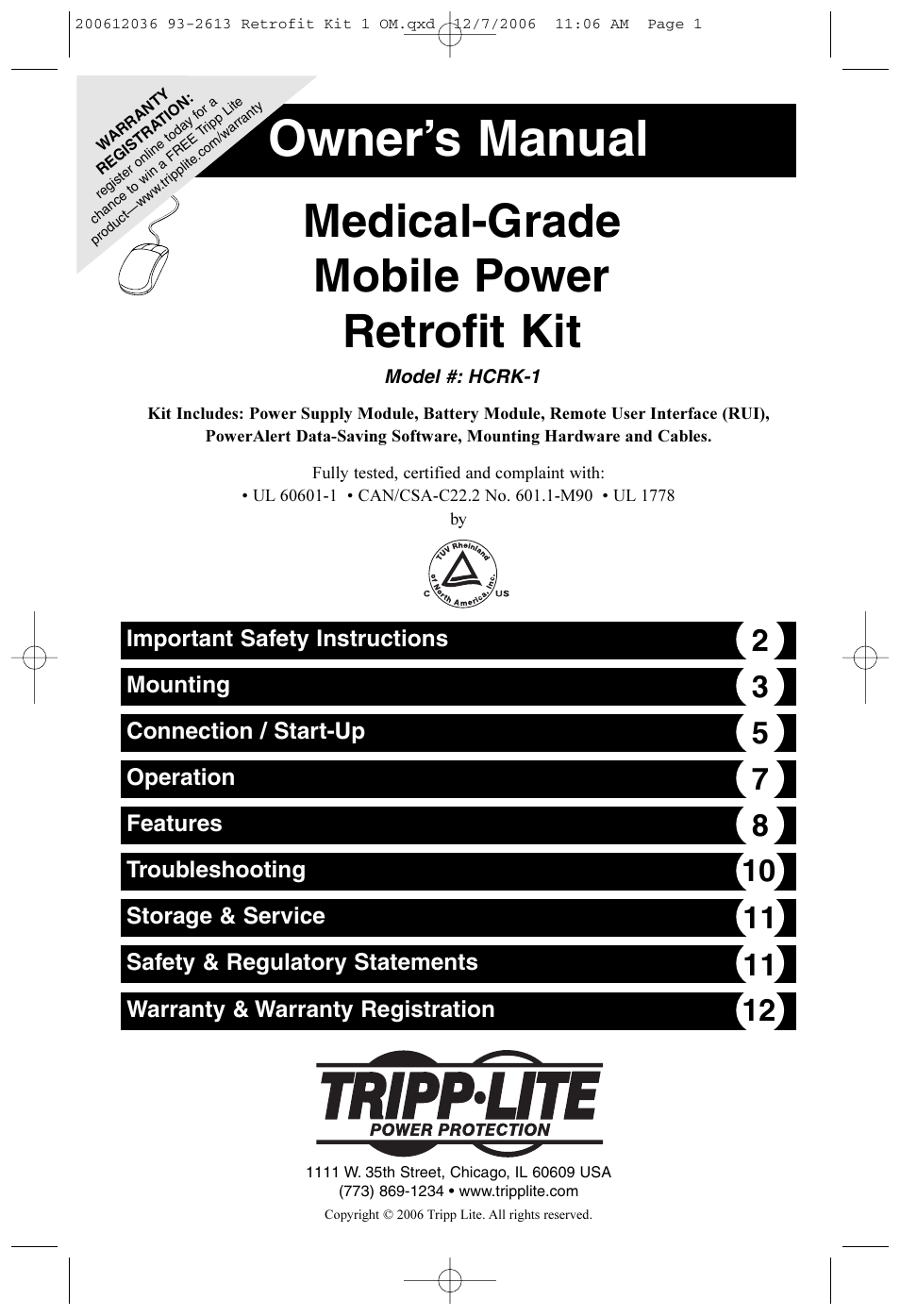 Tripp Lite HCRK-1 User Manual | 12 pages