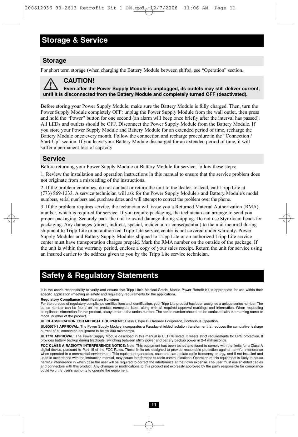 Storage & service safety & regulatory statements, Storage, Caution | Service | Tripp Lite HCRK-1 User Manual | Page 11 / 12