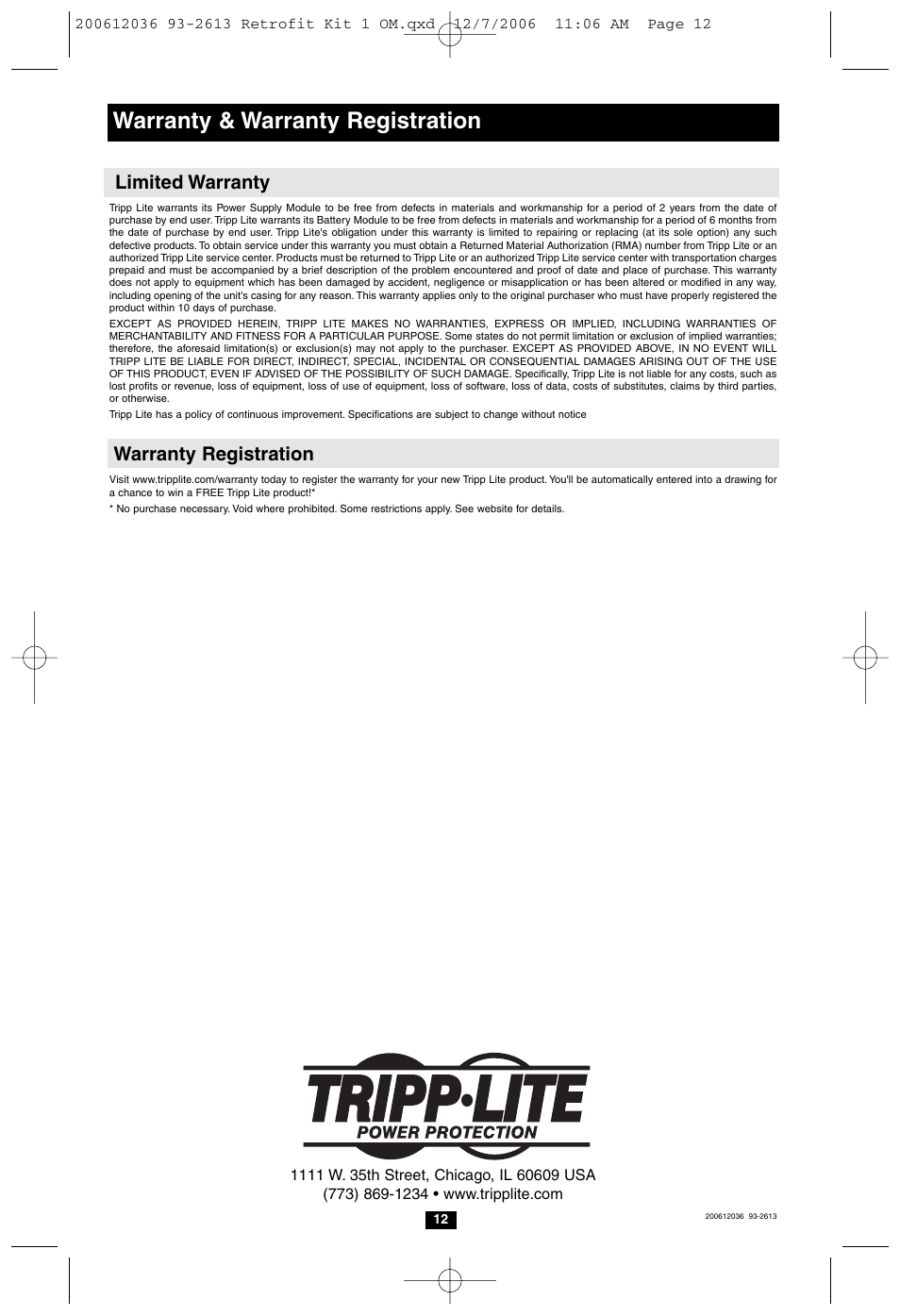 Warranty & warranty registration, Limited warranty, Warranty registration | Tripp Lite HCRK-1 User Manual | Page 12 / 12