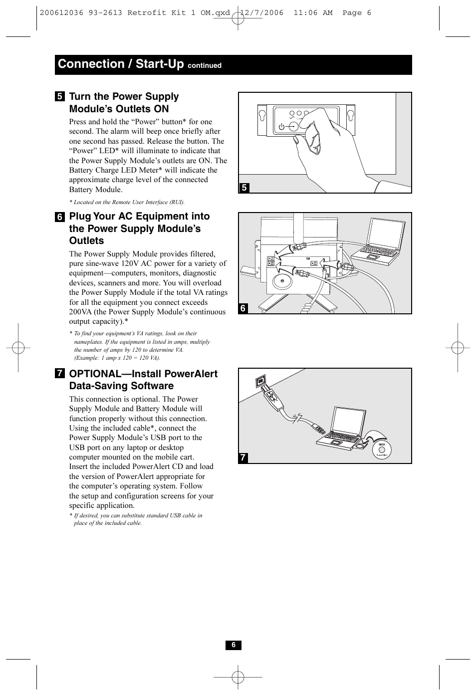 Connection / start-up, Turn the power supply module’s outlets on, Optional—install poweralert data-saving software | Tripp Lite HCRK-1 User Manual | Page 6 / 12