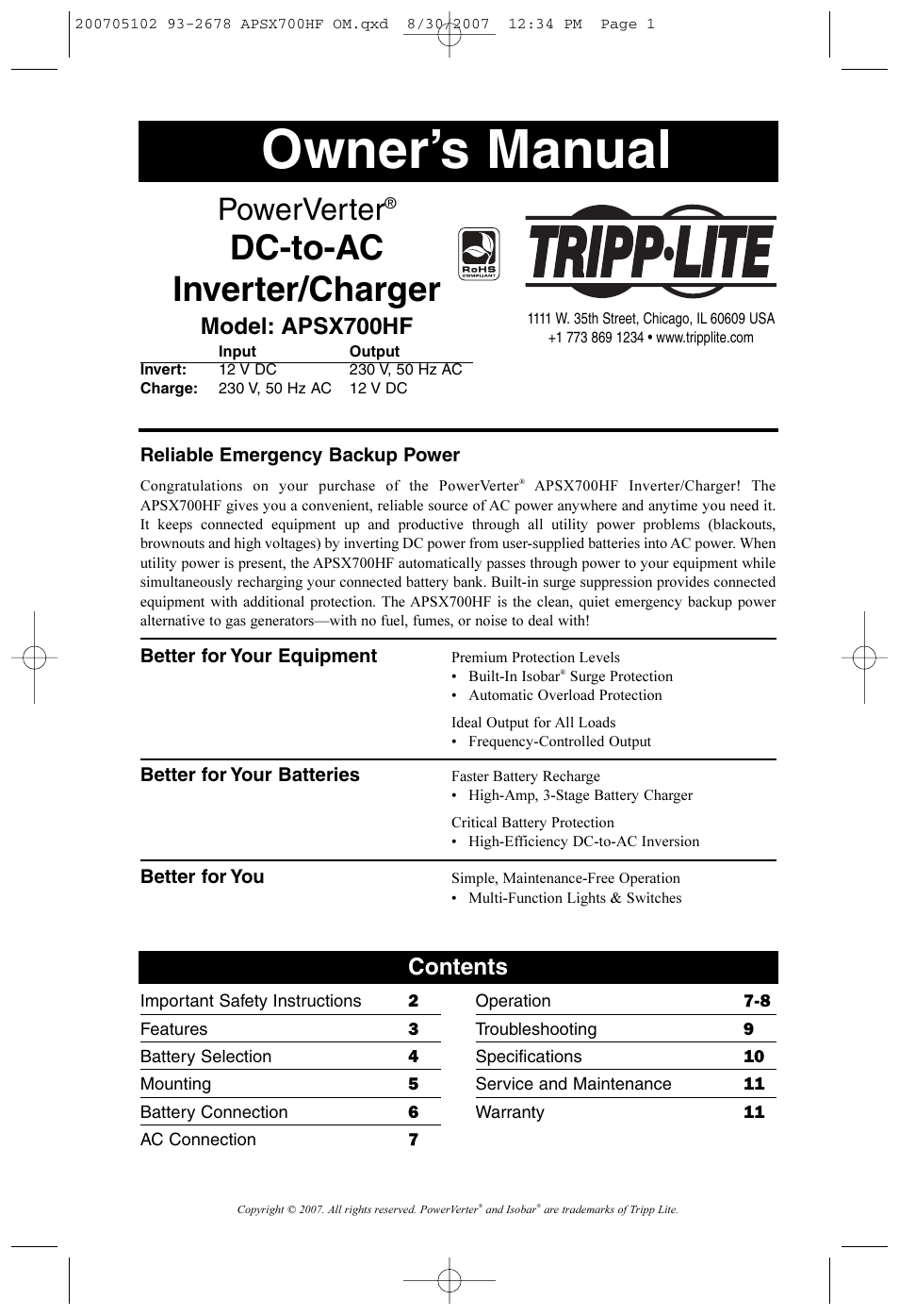 Tripp Lite PowerVerter DC-to-AC Inverter/Charger APSX700HF User Manual | 12 pages