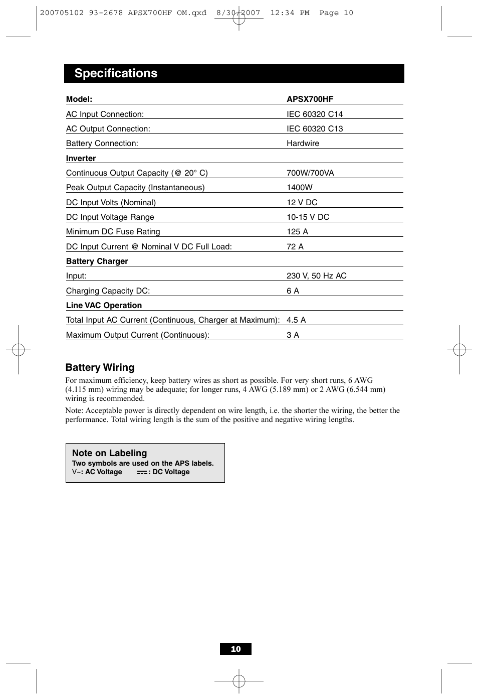 Specifications, Battery wiring | Tripp Lite PowerVerter DC-to-AC Inverter/Charger APSX700HF User Manual | Page 10 / 12