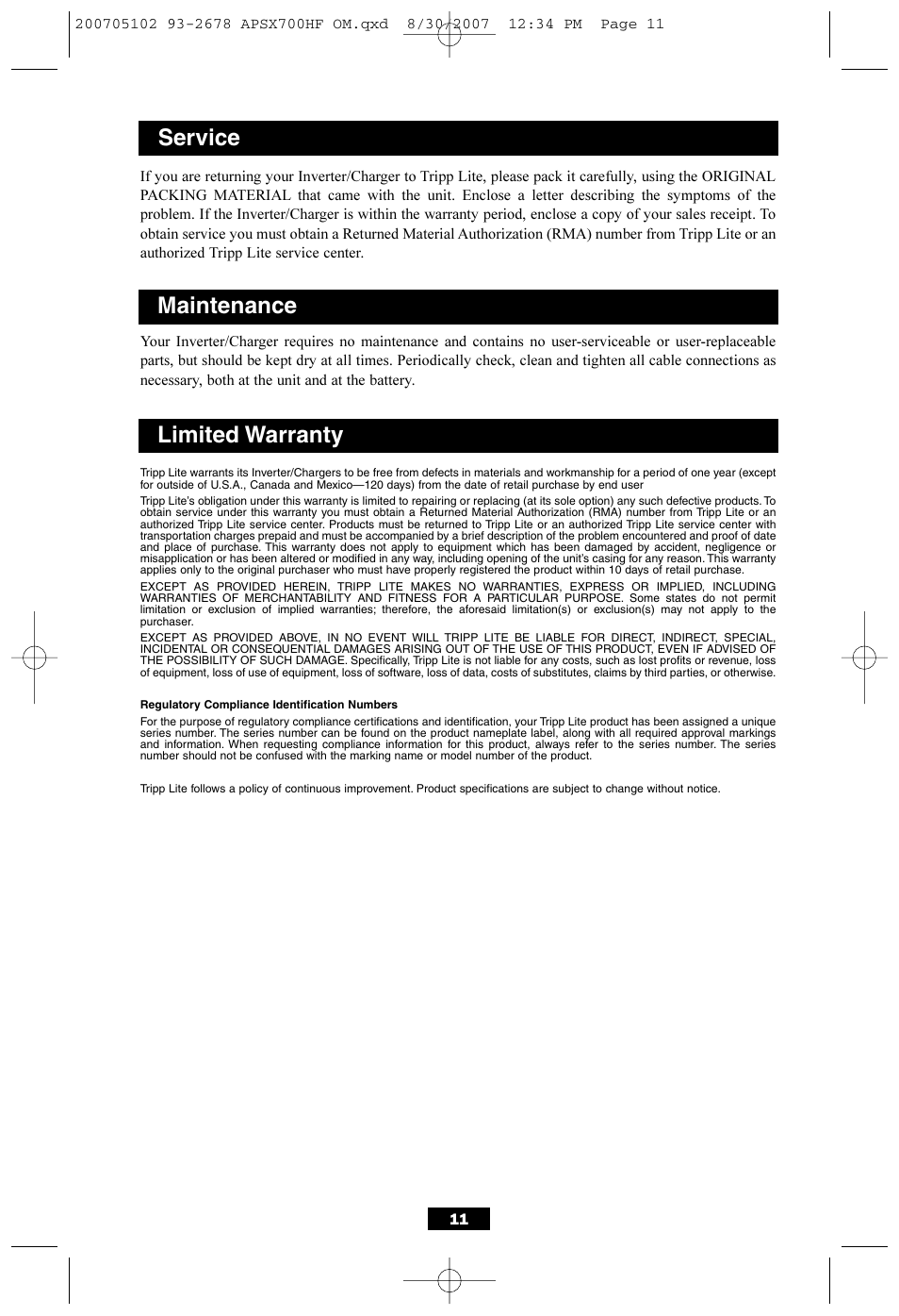 Service, Maintenance limited warranty | Tripp Lite PowerVerter DC-to-AC Inverter/Charger APSX700HF User Manual | Page 11 / 12