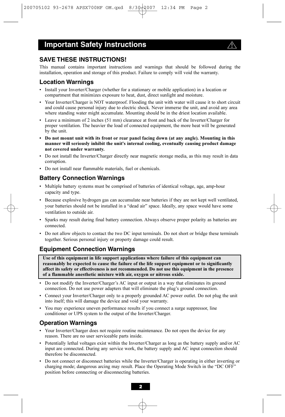 Important safety instructions | Tripp Lite PowerVerter DC-to-AC Inverter/Charger APSX700HF User Manual | Page 2 / 12