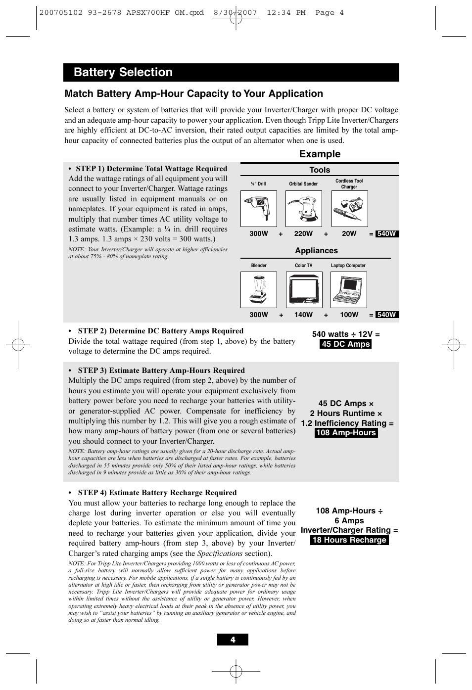 Battery selection, Example | Tripp Lite PowerVerter DC-to-AC Inverter/Charger APSX700HF User Manual | Page 4 / 12