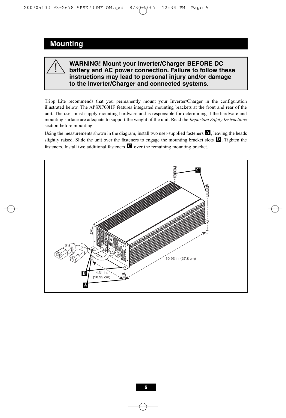 Mounting | Tripp Lite PowerVerter DC-to-AC Inverter/Charger APSX700HF User Manual | Page 5 / 12
