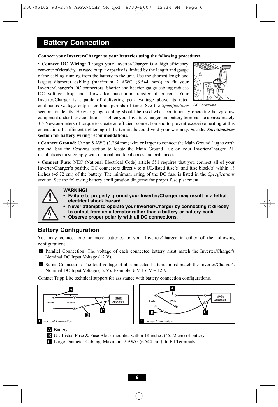 Battery connection, Battery configuration | Tripp Lite PowerVerter DC-to-AC Inverter/Charger APSX700HF User Manual | Page 6 / 12