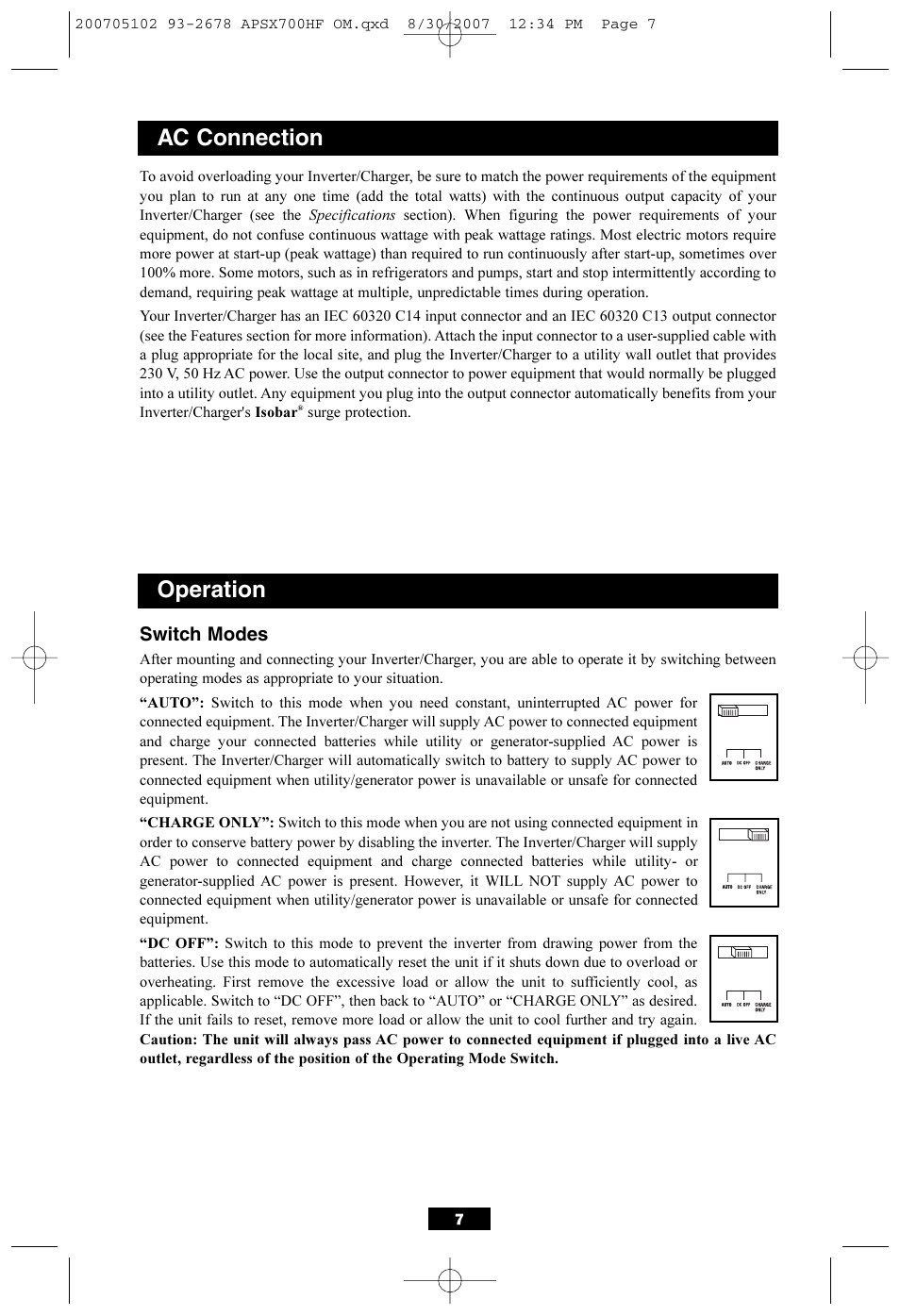 Ac connection, Operation | Tripp Lite PowerVerter DC-to-AC Inverter/Charger APSX700HF User Manual | Page 7 / 12