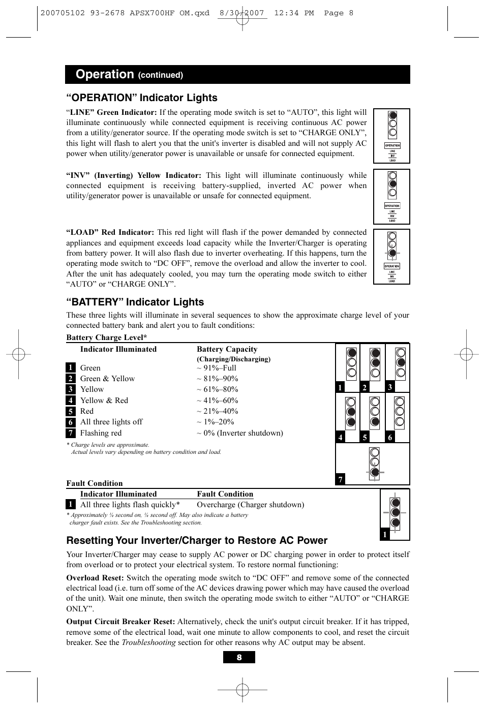 Operation, Battery” indicator lights, Operation” indicator lights | Tripp Lite PowerVerter DC-to-AC Inverter/Charger APSX700HF User Manual | Page 8 / 12