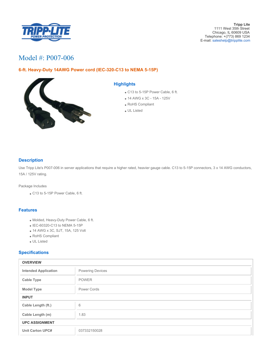 Tripp Lite P007-006 User Manual | 2 pages
