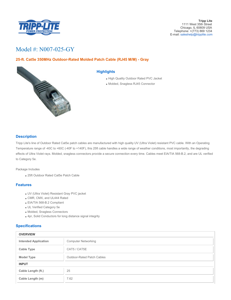 Tripp Lite N007-025-GY User Manual | 2 pages