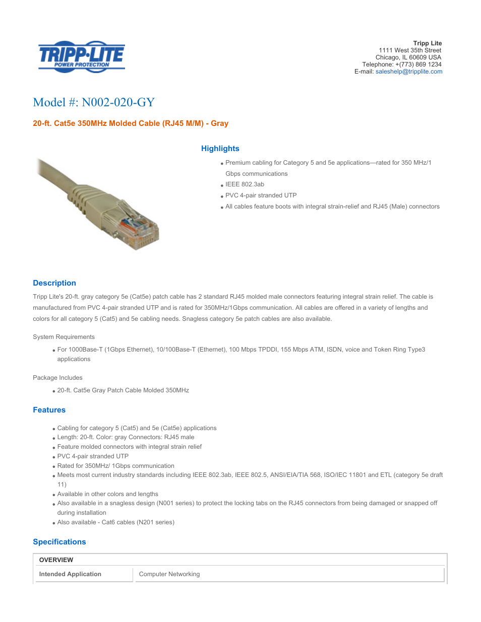 Tripp Lite N002-020-GY User Manual | 3 pages