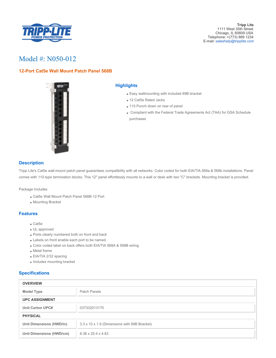 Tripp Lite 12-Port Cat5e Wall Mount Patch Panel N050-012 User Manual | 2 pages