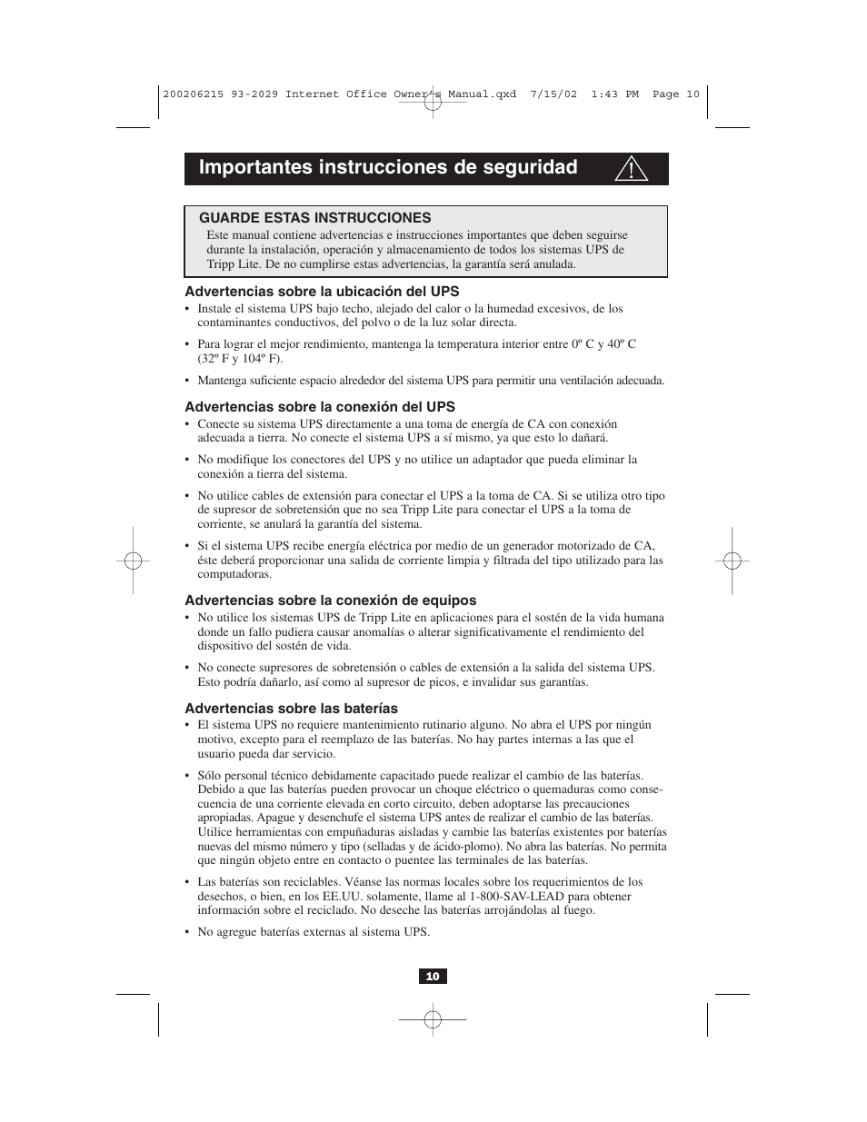 Importantes instrucciones de seguridad | Tripp Lite BC Internet User Manual | Page 10 / 28