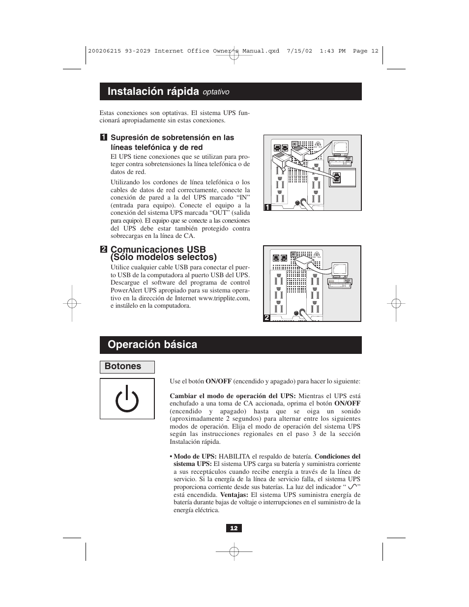 Instalación rápida, Operación básica, Comunicaciones usb (sólo modelos selectos) | Botones | Tripp Lite BC Internet User Manual | Page 12 / 28