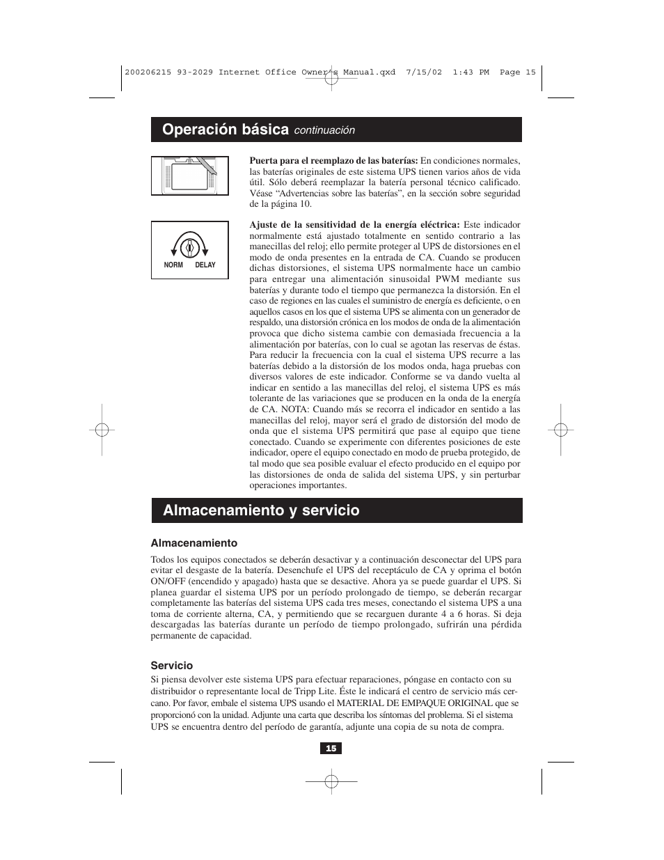 Operación básica, Almacenamiento y servicio | Tripp Lite BC Internet User Manual | Page 15 / 28