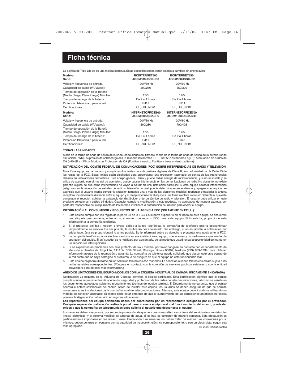 Ficha técnica | Tripp Lite BC Internet User Manual | Page 16 / 28