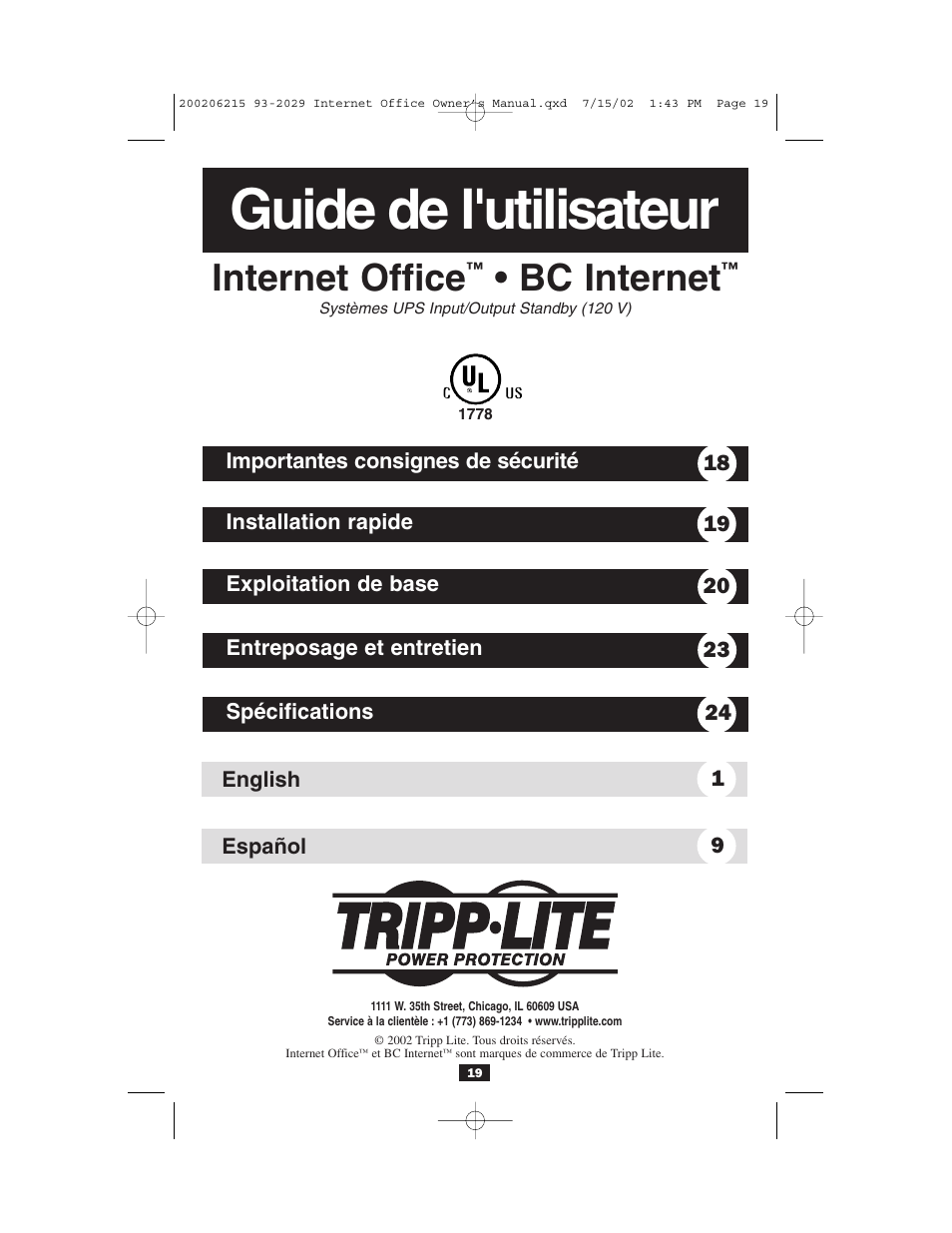 Guide de l'utilisateur, Internet office, Bc internet | Tripp Lite BC Internet User Manual | Page 19 / 28