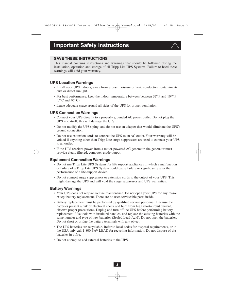 Important safety instructions | Tripp Lite BC Internet User Manual | Page 2 / 28