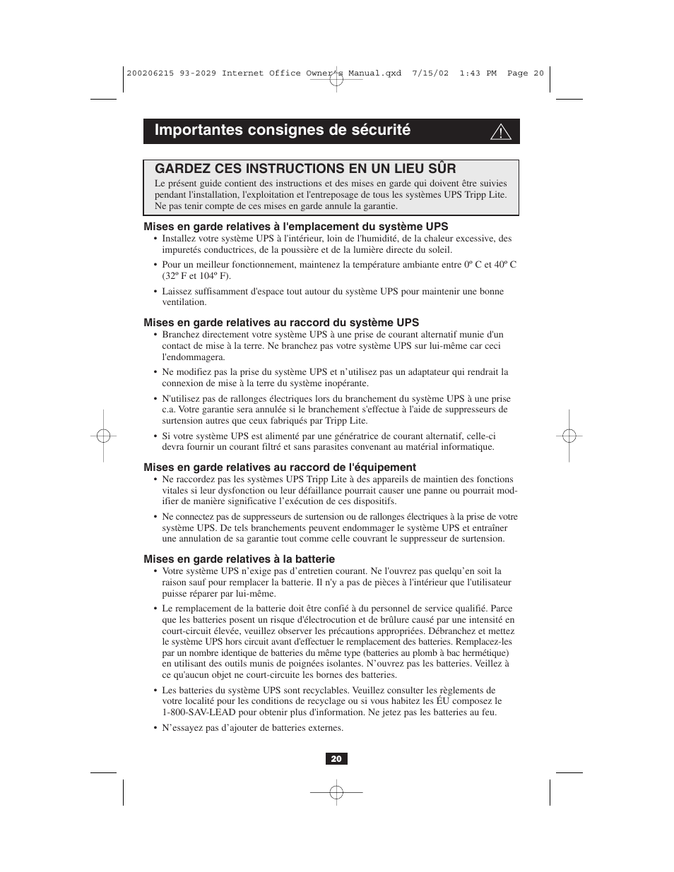 Importantes consignes de sécurité, Gardez ces instructions en un lieu sûr | Tripp Lite BC Internet User Manual | Page 20 / 28