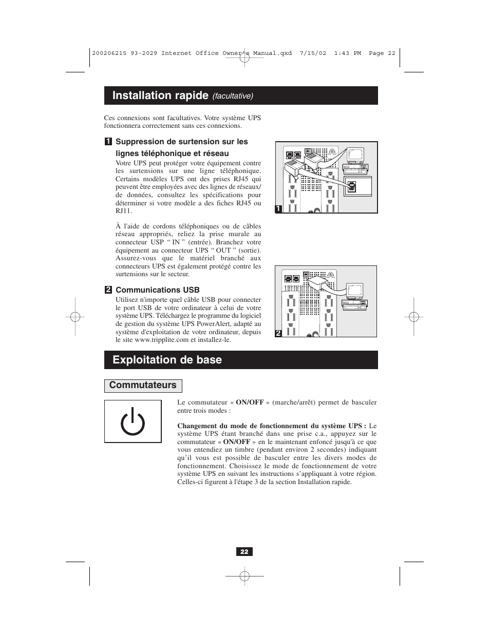 Installation rapide, Exploitation de base, Commutateurs | Tripp Lite BC Internet User Manual | Page 22 / 28