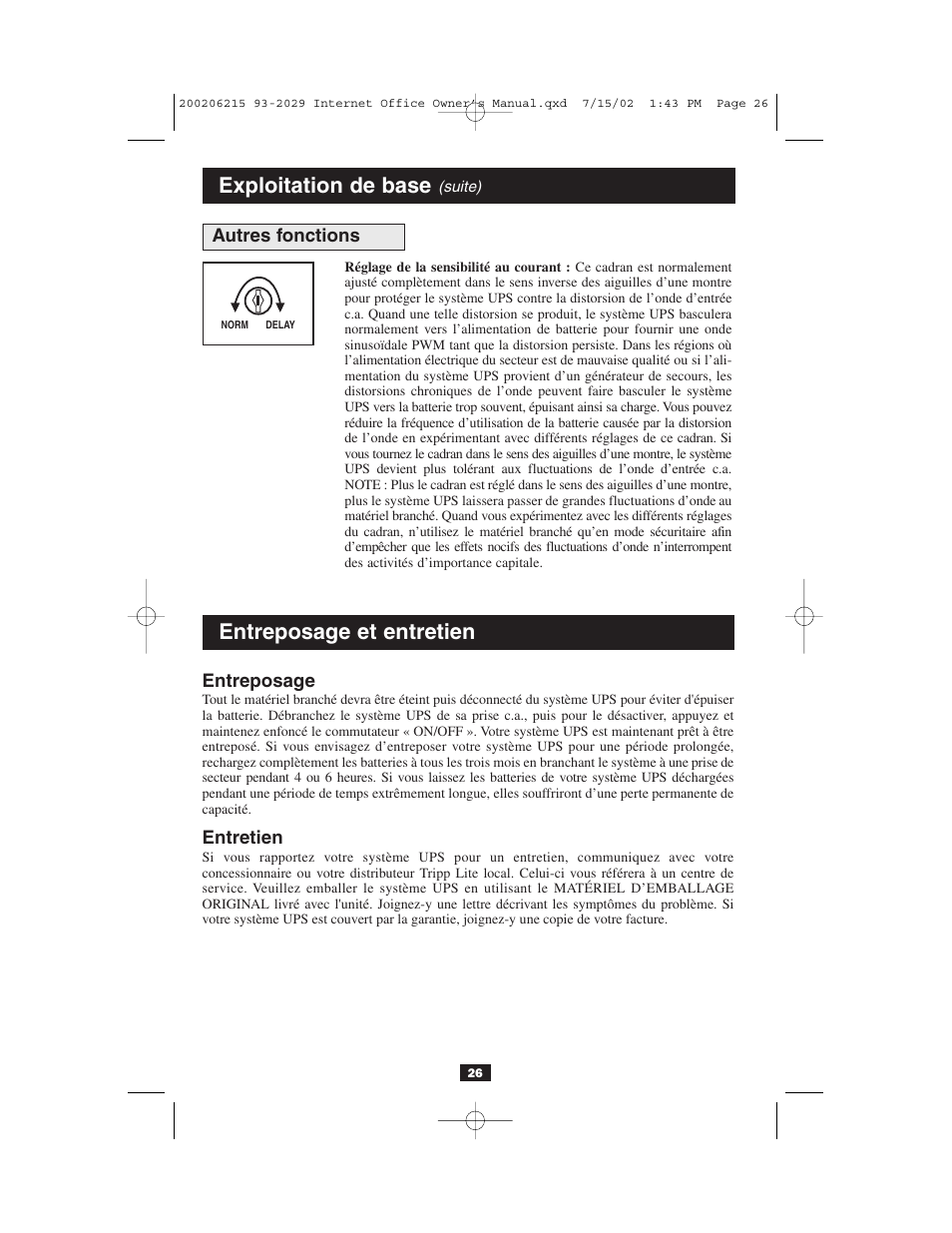 Entreposage et entretien, Exploitation de base | Tripp Lite BC Internet User Manual | Page 26 / 28