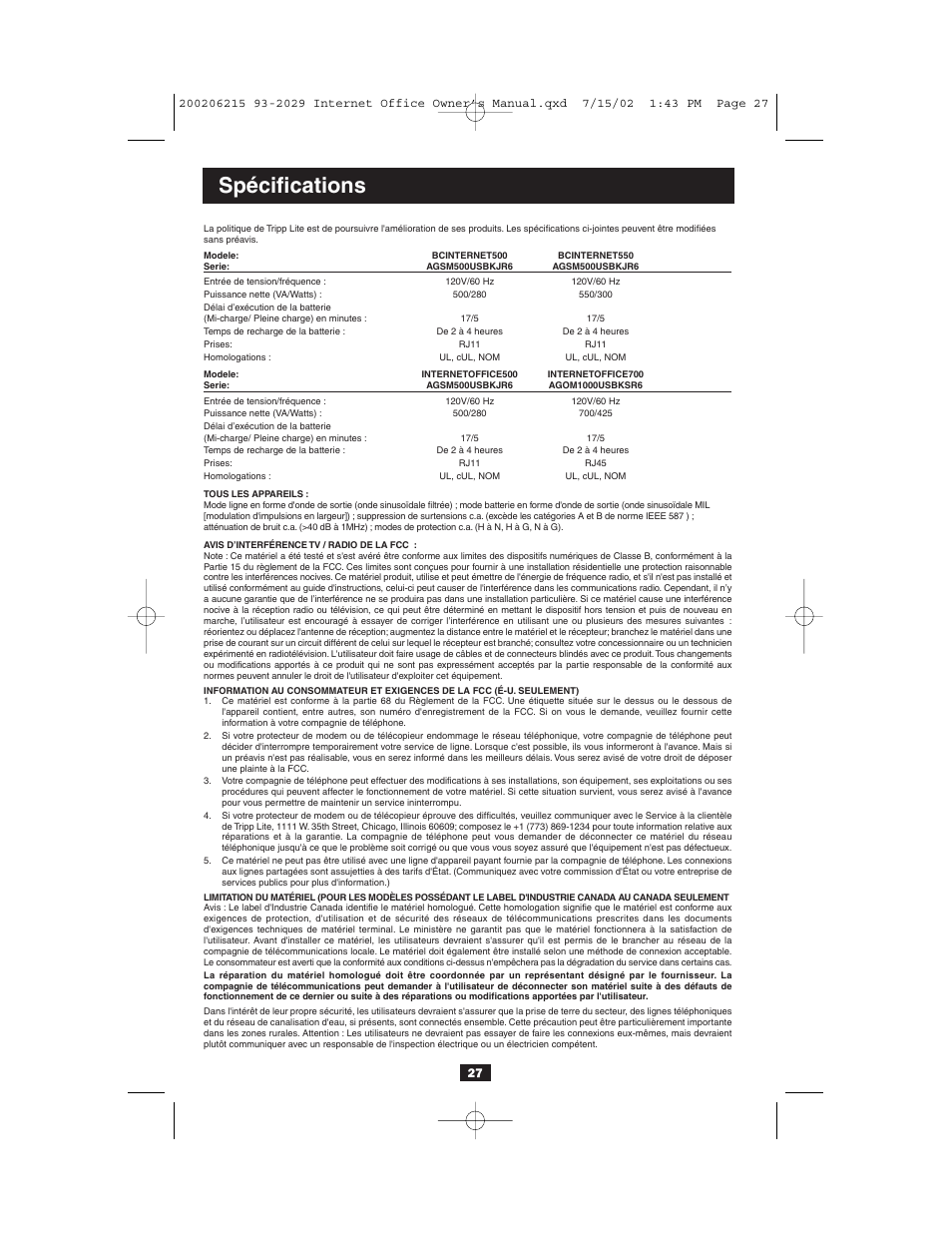 Spécifications | Tripp Lite BC Internet User Manual | Page 27 / 28