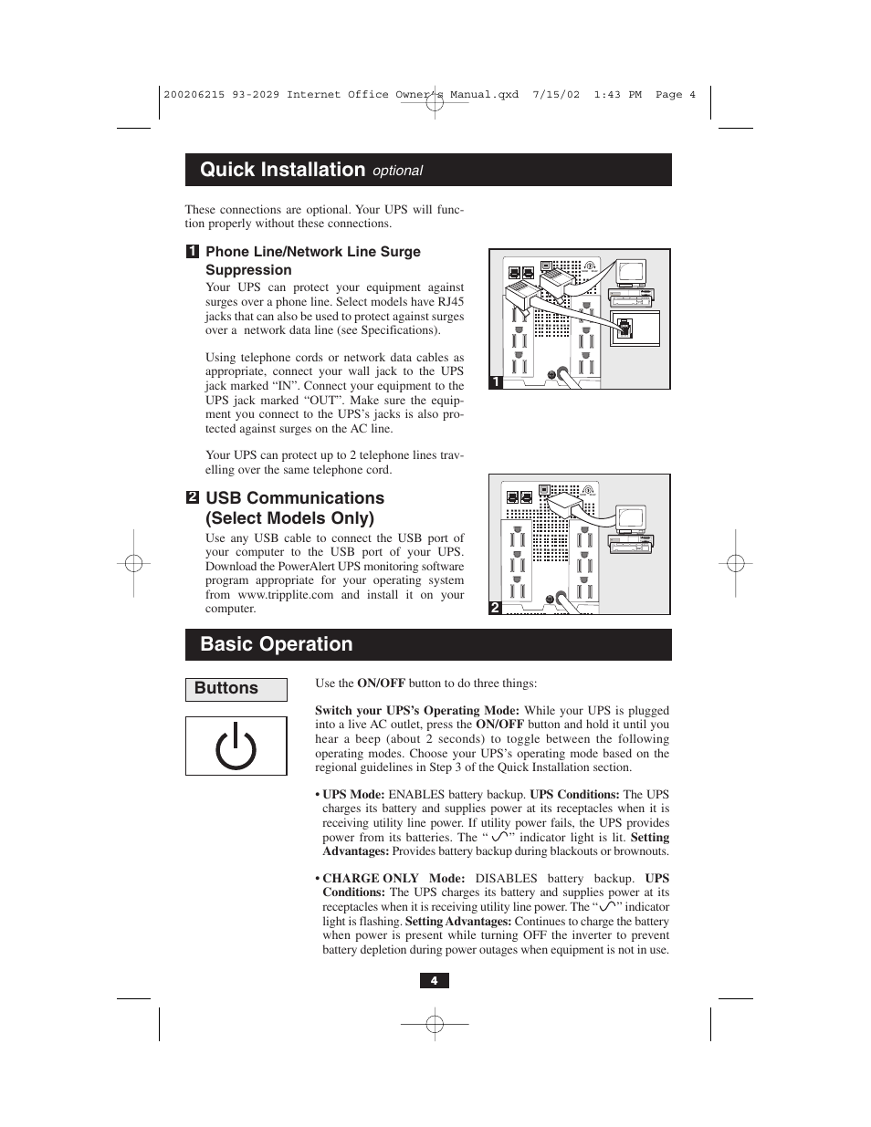 Quick installation, Basic operation, Usb communications (select models only) | Buttons | Tripp Lite BC Internet User Manual | Page 4 / 28