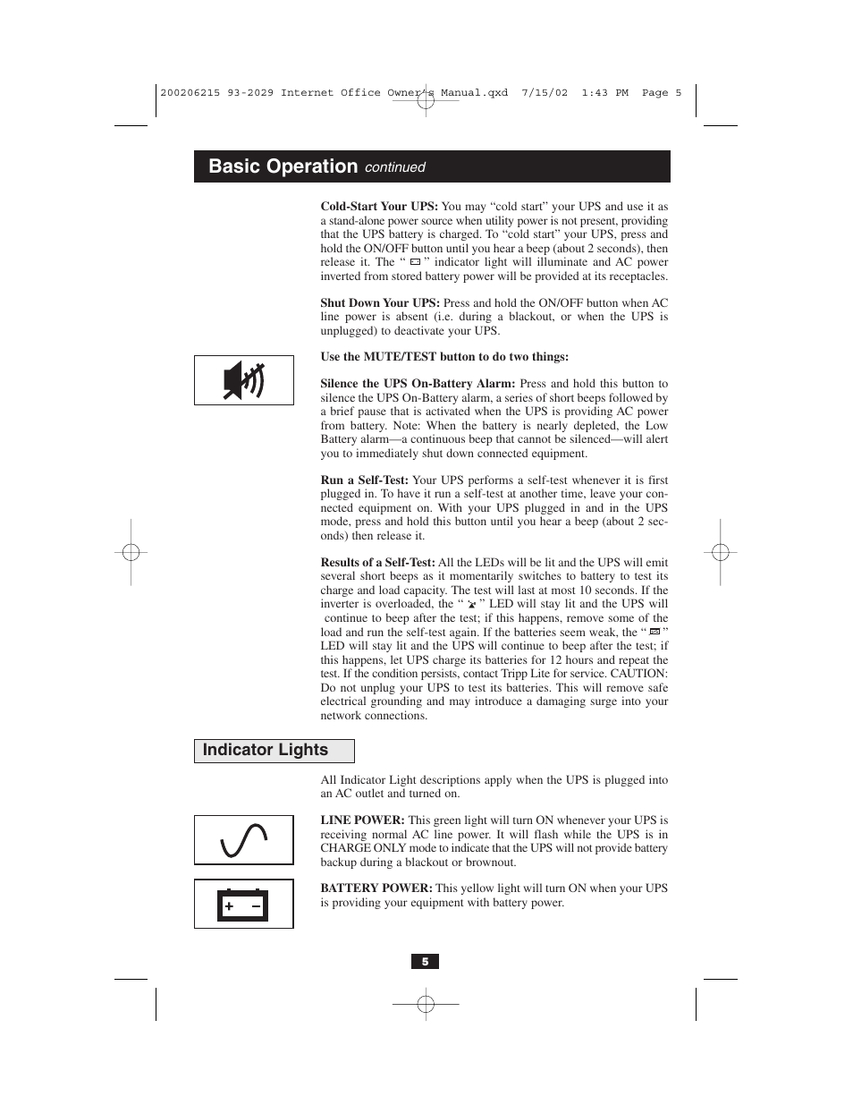 Basic operation, Indicator lights | Tripp Lite BC Internet User Manual | Page 5 / 28