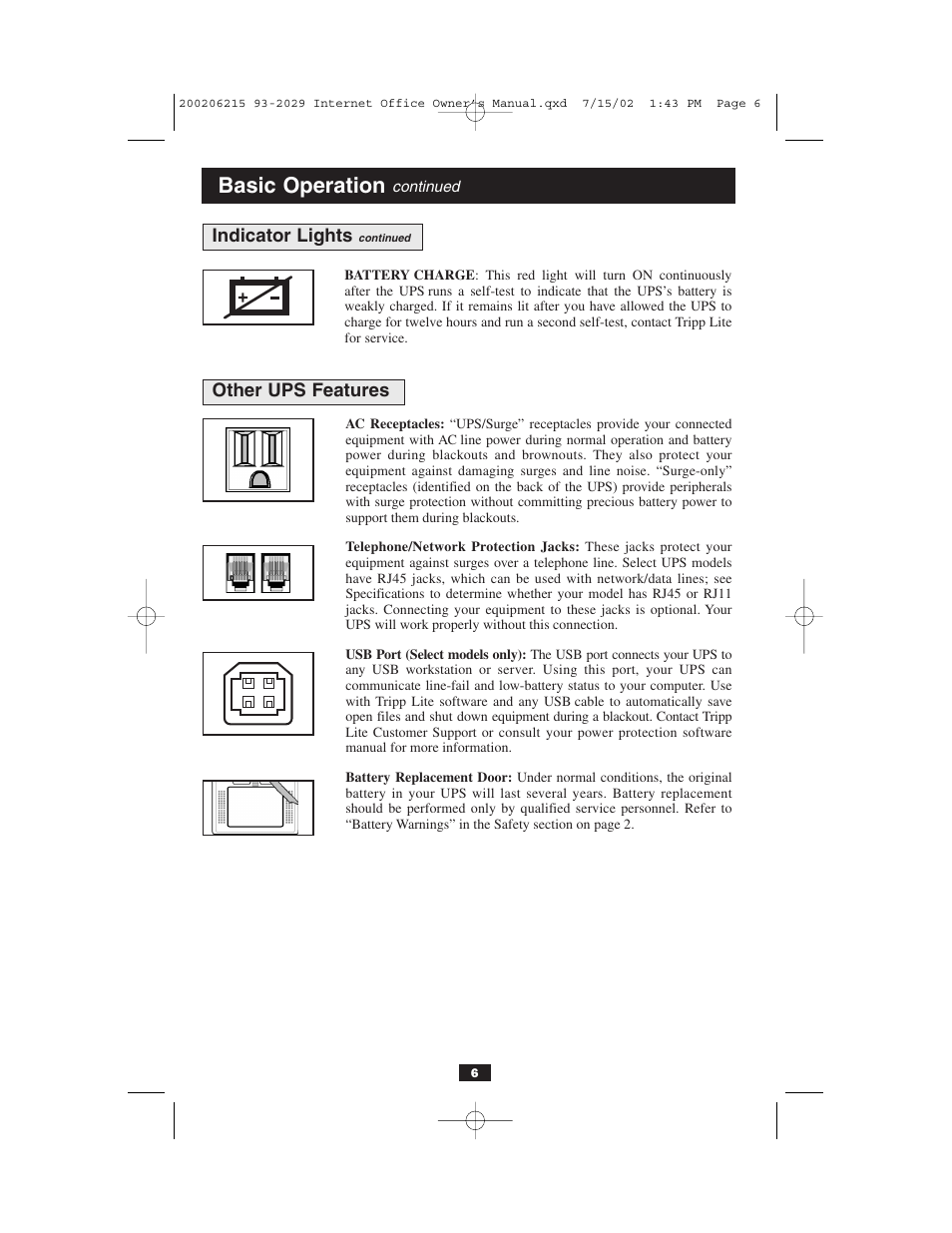 Basic operation, Other ups features, Indicator lights | Tripp Lite BC Internet User Manual | Page 6 / 28