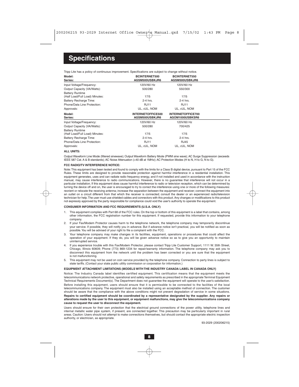 Specifications | Tripp Lite BC Internet User Manual | Page 8 / 28