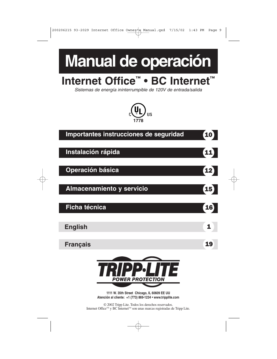 Manual de operación, Internet office, Bc internet | Tripp Lite BC Internet User Manual | Page 9 / 28