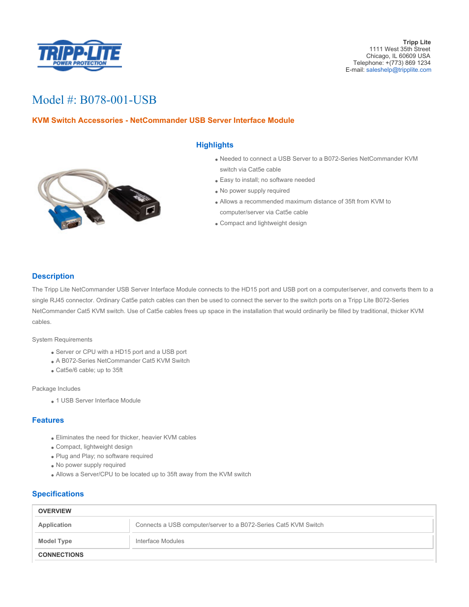 Tripp Lite B078001USB User Manual | 2 pages