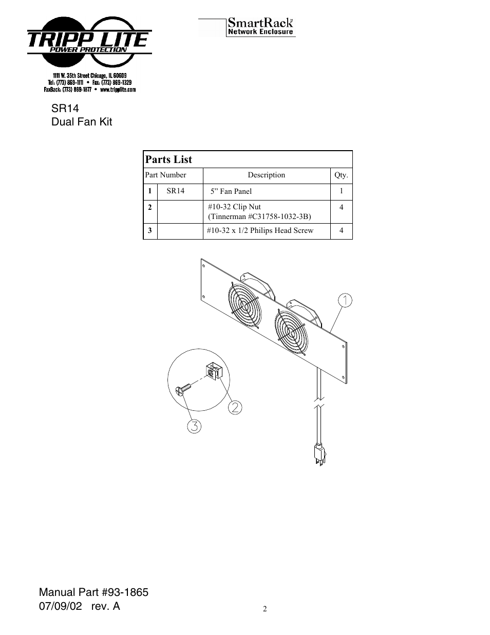 Parts list, Sr14 dual fan kit | Tripp Lite MKH 800 P 48 User Manual | Page 2 / 2