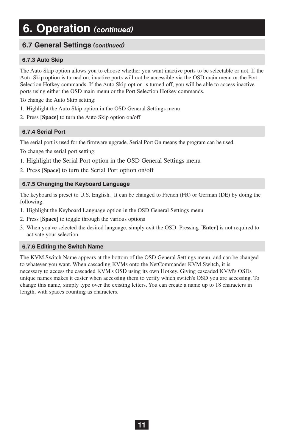 Operation, Continued), 7 general settings | Tripp Lite NetCommander B072-016-1 User Manual | Page 11 / 24