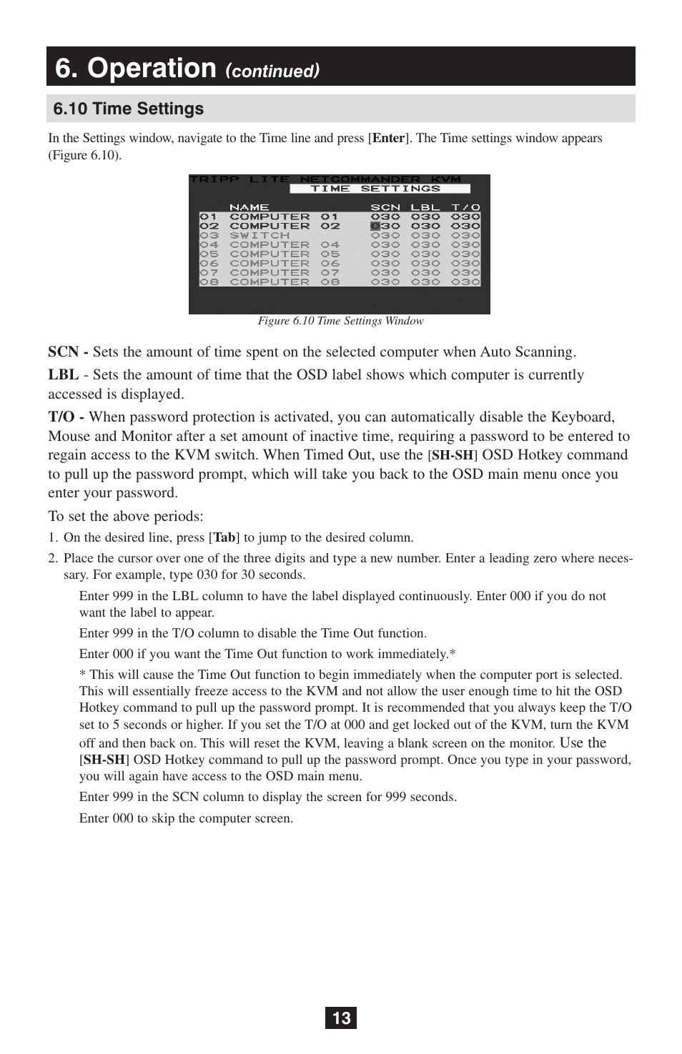 Operation, 10 time settings, Continued) | Tripp Lite NetCommander B072-016-1 User Manual | Page 13 / 24
